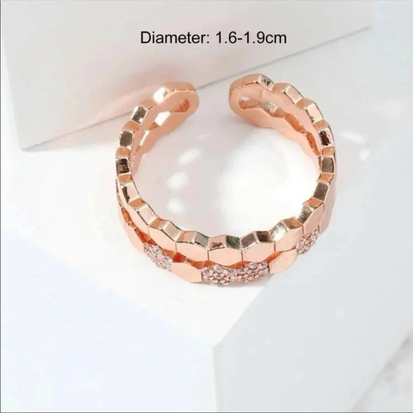 Adjustable Rose Gold Hexagon Cuff Ring | Dainty Crystal Band - Picture 3 of 3